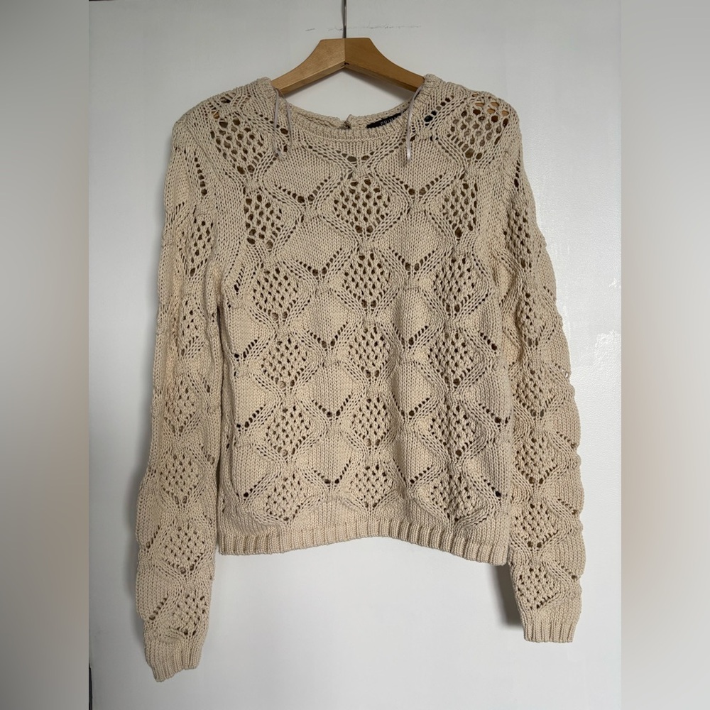 Cream Crew Neck Sweater with woven knit, S